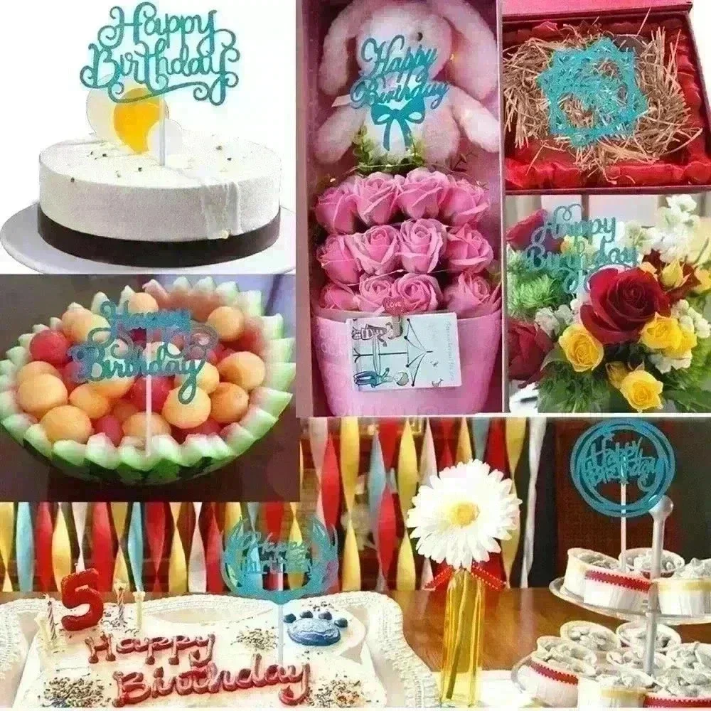 Cake Topper Paper Happy Birthday Cake Decoration Supplies  14PCS Blue Glitter